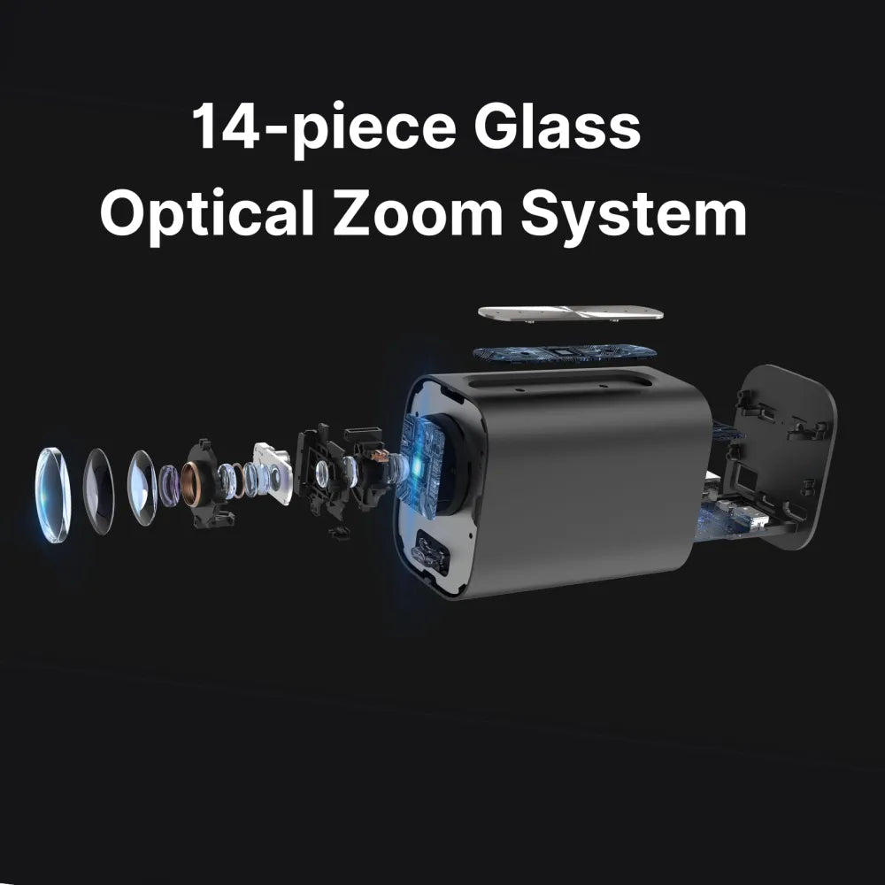 14-piece glass optical zoom system on a black background