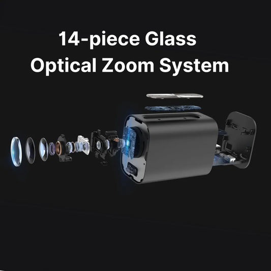 14-piece glass optical zoom system on a black background