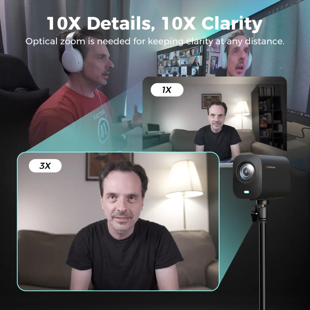 Camera on a tripod with multiple video calls displayed, emphasizing 10X details and clarity.