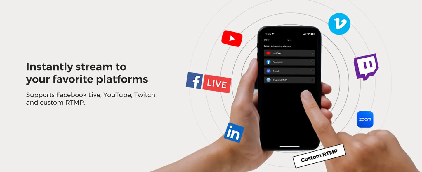 Hands holding a smartphone with streaming app interface, surrounded by social media platform icons on a white background.
