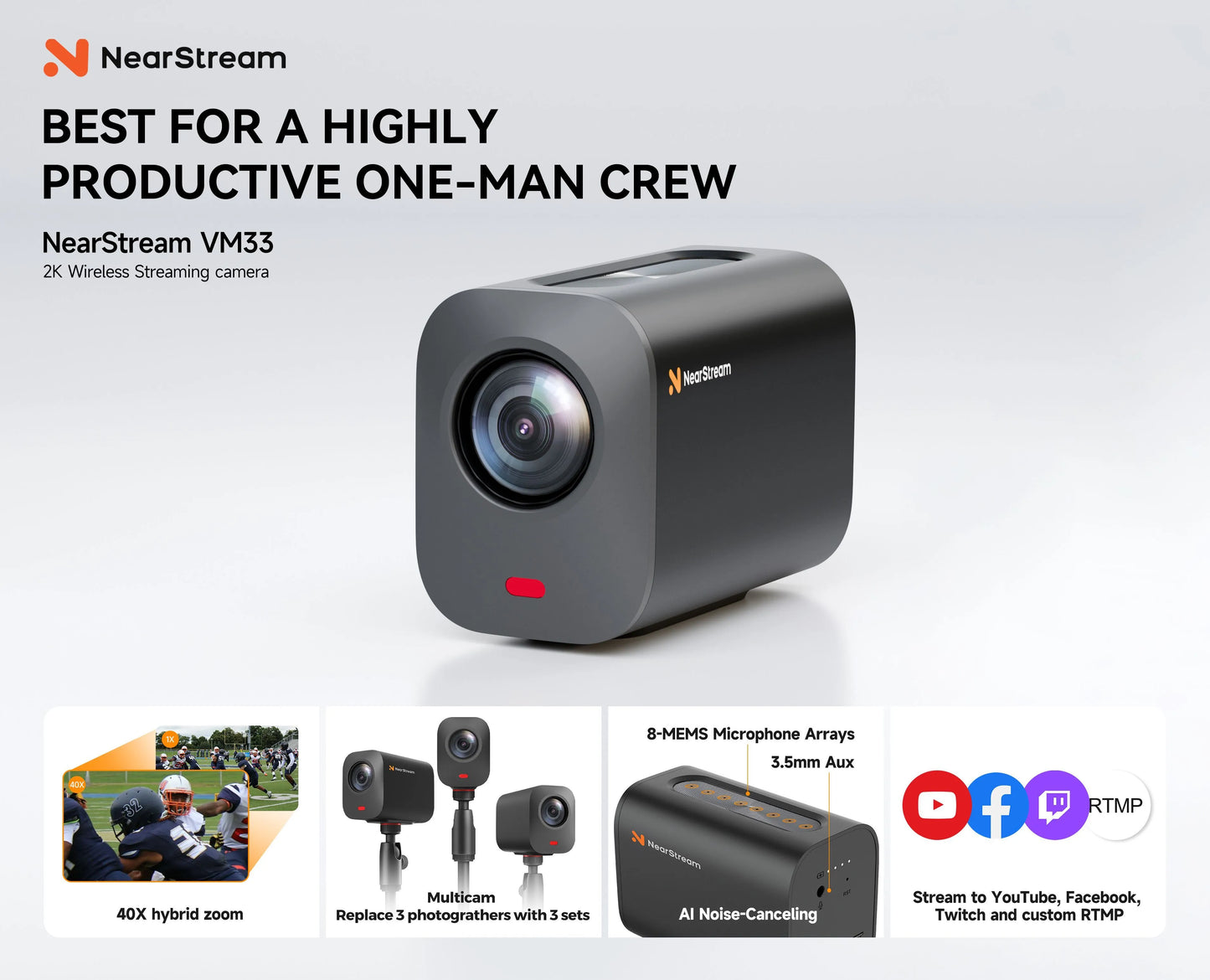 NearStream VM33 streaming camera with features and compatibility logos on a white background